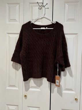 Cyrus Chocolate Brown Cable-Knit Short Sleeve Sweater